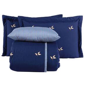 Kit Cobre Leito Colcha Queen Melini 200 Fios Bordado Listrado 5 Peças - Azul Marinho