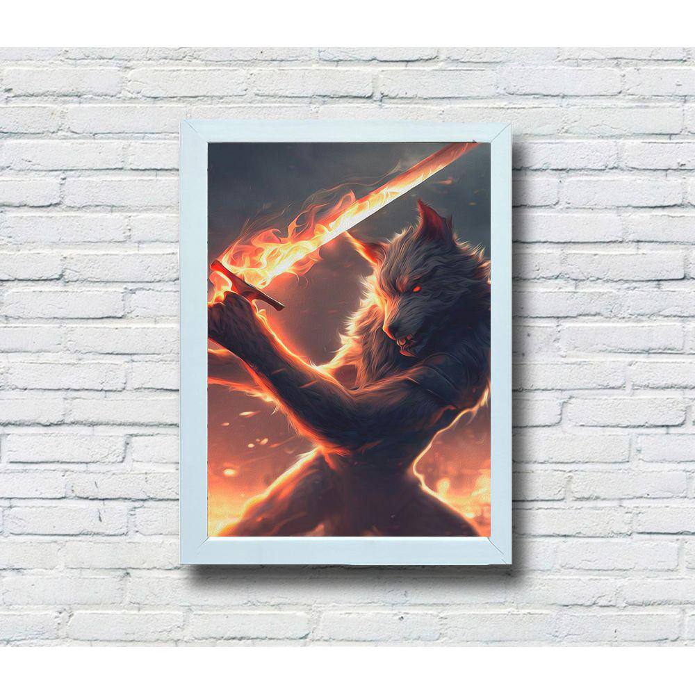 Quadro Decorativo MDF Lobo Com Espada Flamejante