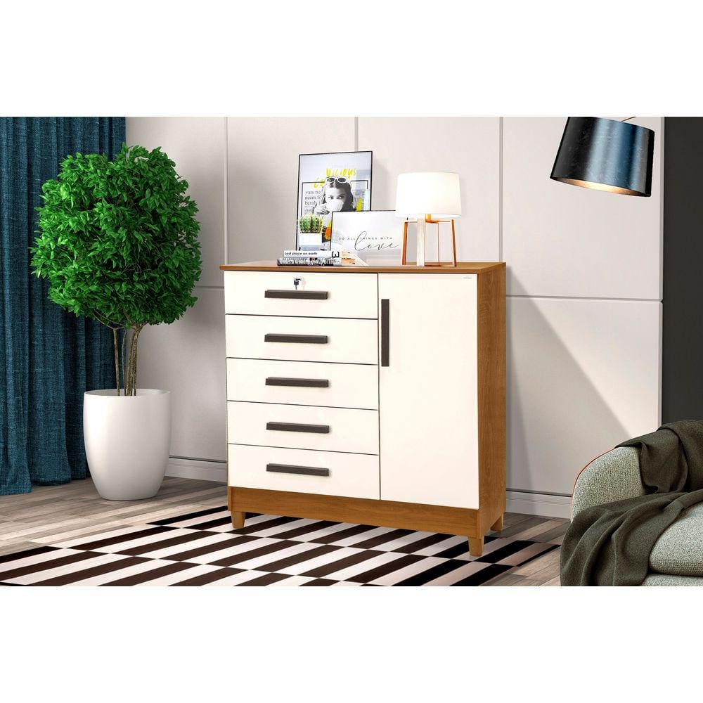 Comoda Vitória 1 Porta E 5 Gavetas Com Chave Cor Nature E Off White