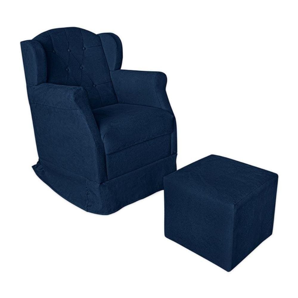 Poltrona Amamentação Com Balanço E Puff Luxo Suede Manuela Cor:azul Marinho