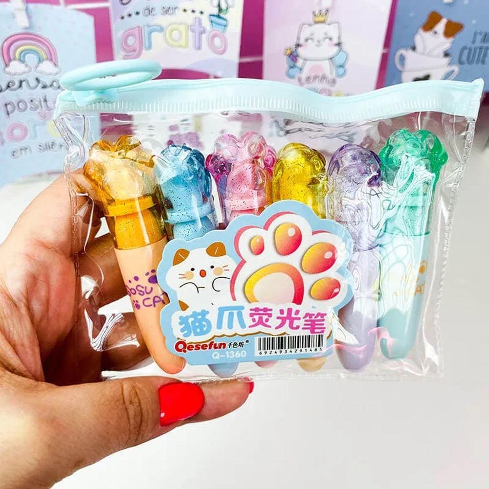 Kit Mini Marca Texto Patinha Gato Sosu 6 Cores Cat Kawaii | Material Escolar | Papelaria Fofa | Divertida