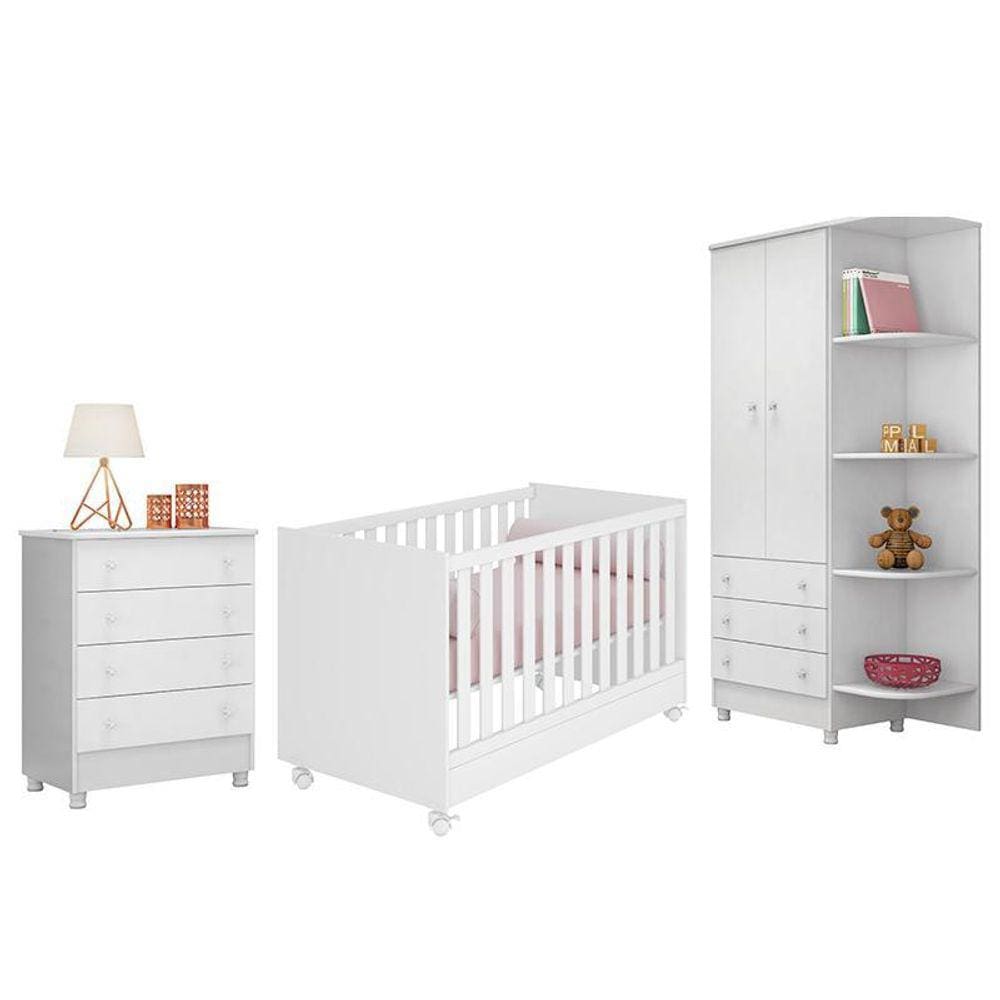Dormitório Infantil Doce Sonho 2 Portas, Cômoda 4 Gavetas e Berço Mini Cama com Rodízio - Qmovi