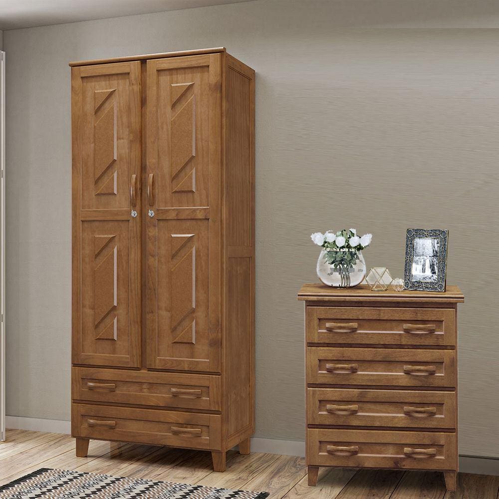 Conjunto Quarto Imbuia: Guarda-Roupa Multiuso Flex 2 Portas 2 Gavetas, Cômoda 4 Gavetas Madeira Pinus - Cavazotto