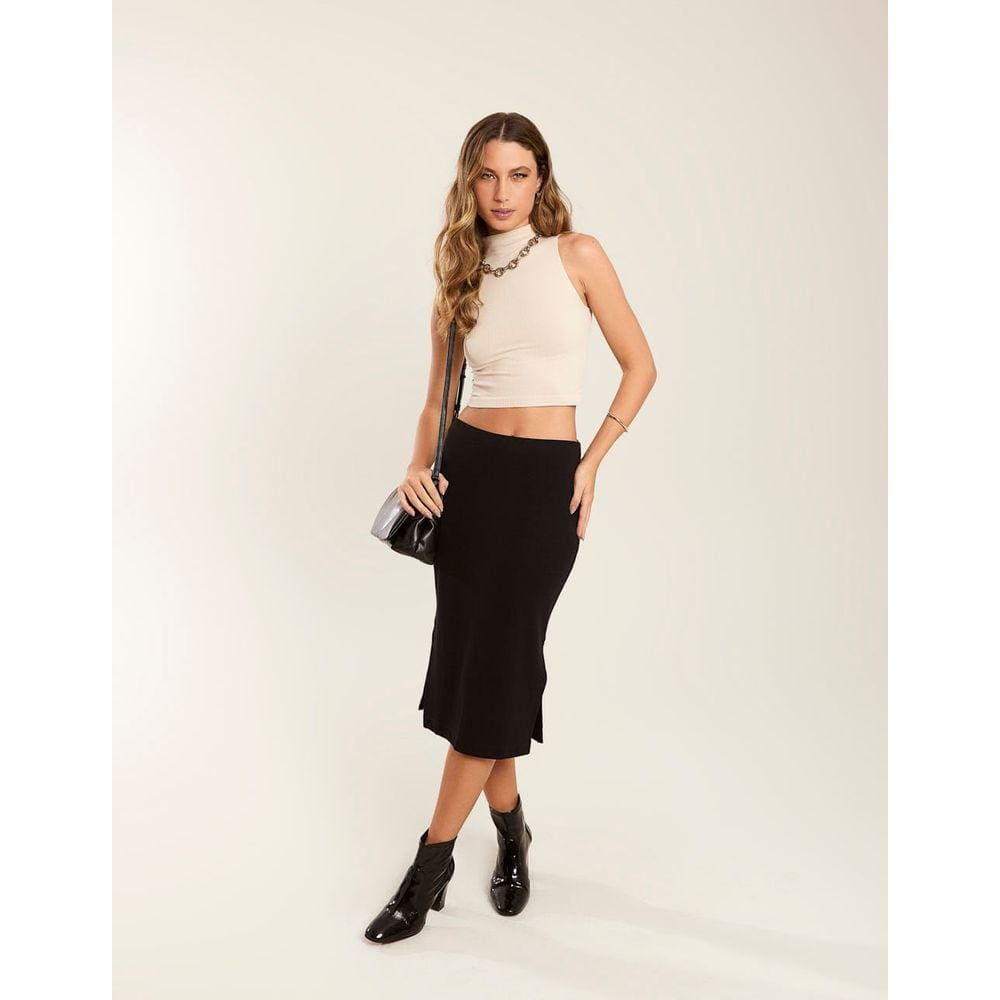 Saia Zinzane Feminino Midi Canelada - Preto