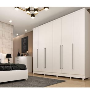 Quarto de Casal Roupeiro 6 Portas Portugal com Pés, Cama Casal, Cabeceira e Cômoda 5 Gavetas Neve