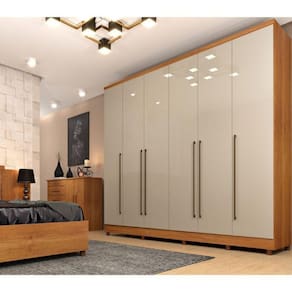 Quarto de Casal Roupeiro 6 Portas Portugal com pés, Cama Casal, Cabeceira e Cômoda 5 Gavetas Cinamomo/Off White