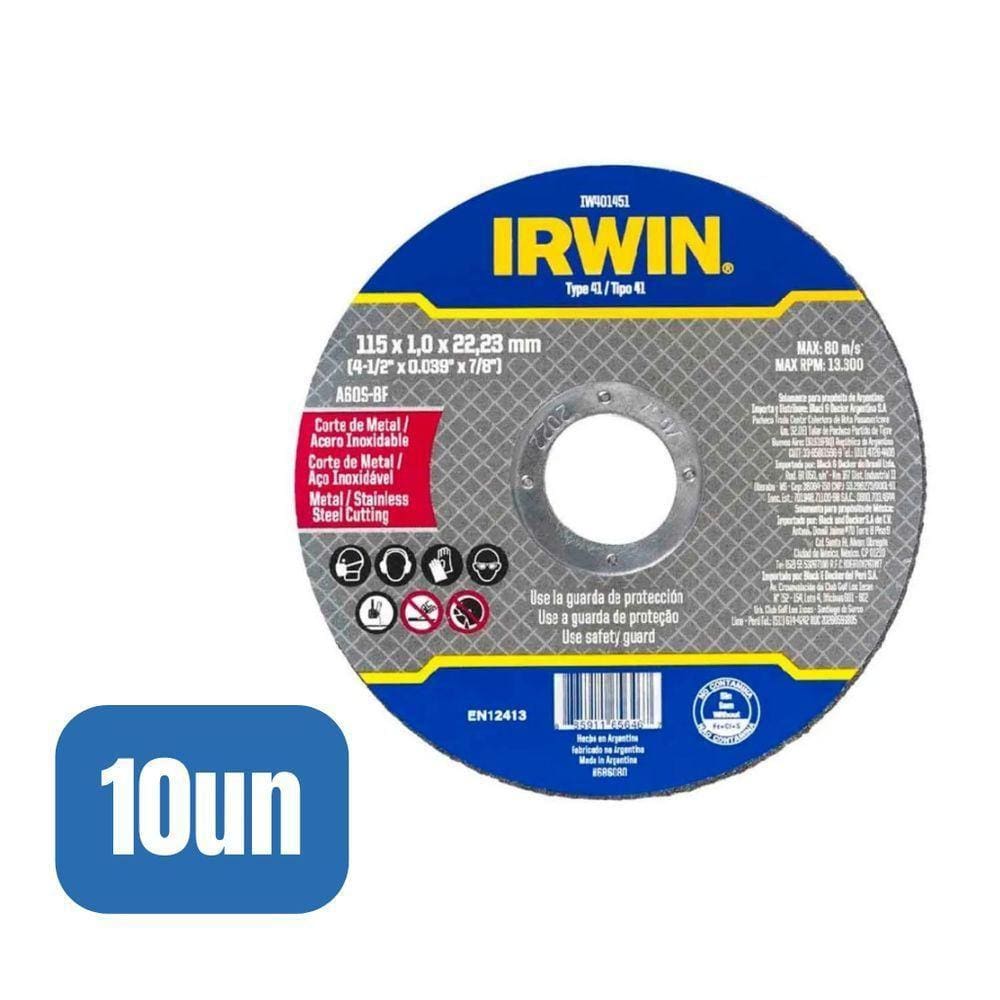 10 Discos Corte Fino Metal/inox 4.1/2x1,0mmx7/8" - Irwin