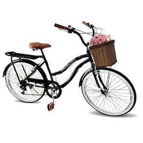 Bicicleta feminina aro 26 cesta tpo vime retrô 6 marchas pto