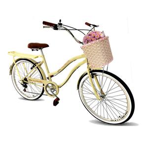 Bicicleta aro 26 modelo retrô cesta tipo vime 6 marchas bege