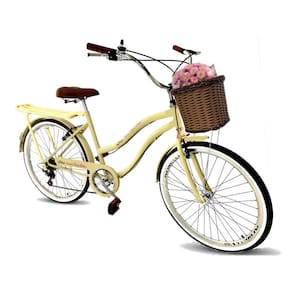 Bicicleta feminina aro 26 cesta tpo vime retrô 6 marchas beg