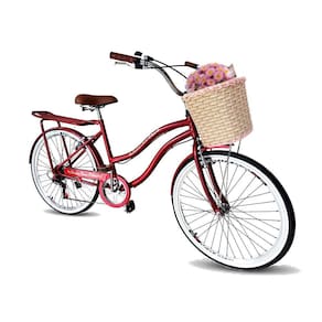 Bicicleta aro 26 feminina retrô com cesta tipo vime 6marchas