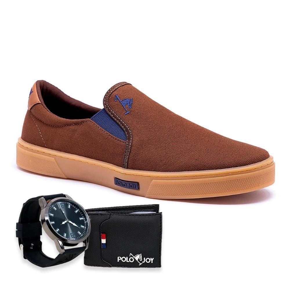 Slip On Masculino Casual Calce Fácil + Relógio + Carteira
