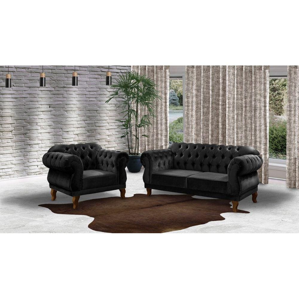 Conjunto 1 Sofá 2 lugares 1,80cm + 2 Poltronas Chesterfield Elisabeth Veludo preto