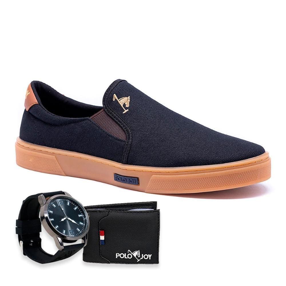 Slip On Masculino Casual Calce Fácil + Relógio + Carteira