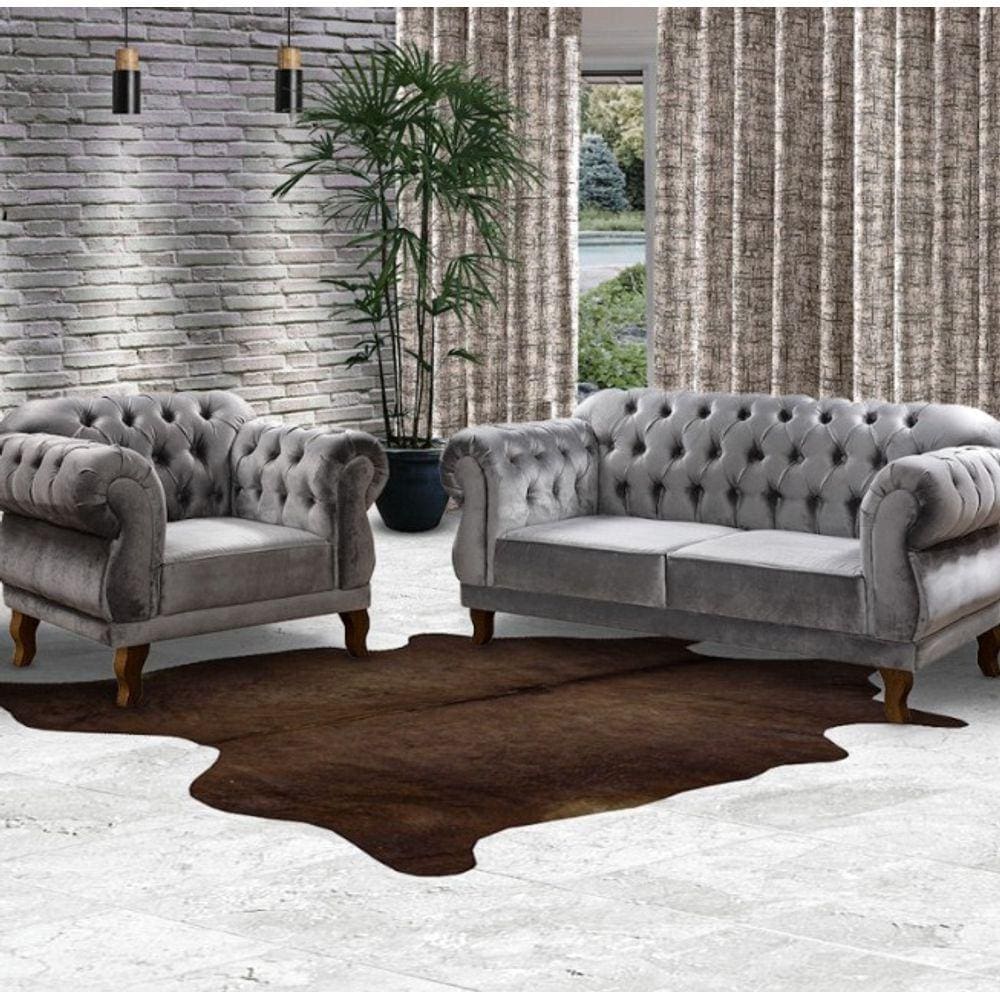 Conjunto 1 Sofá 2 lugares 1,80cm + 2 Poltronas Chesterfield Elisabeth Veludo Cinza Prata