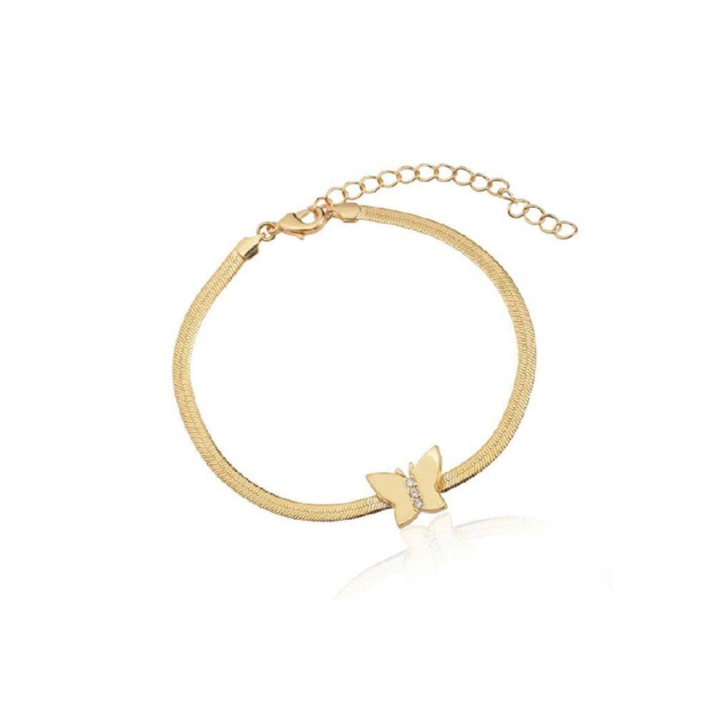 Pulseira Borboleta Corrente Fita Folheada a Ouro 18K