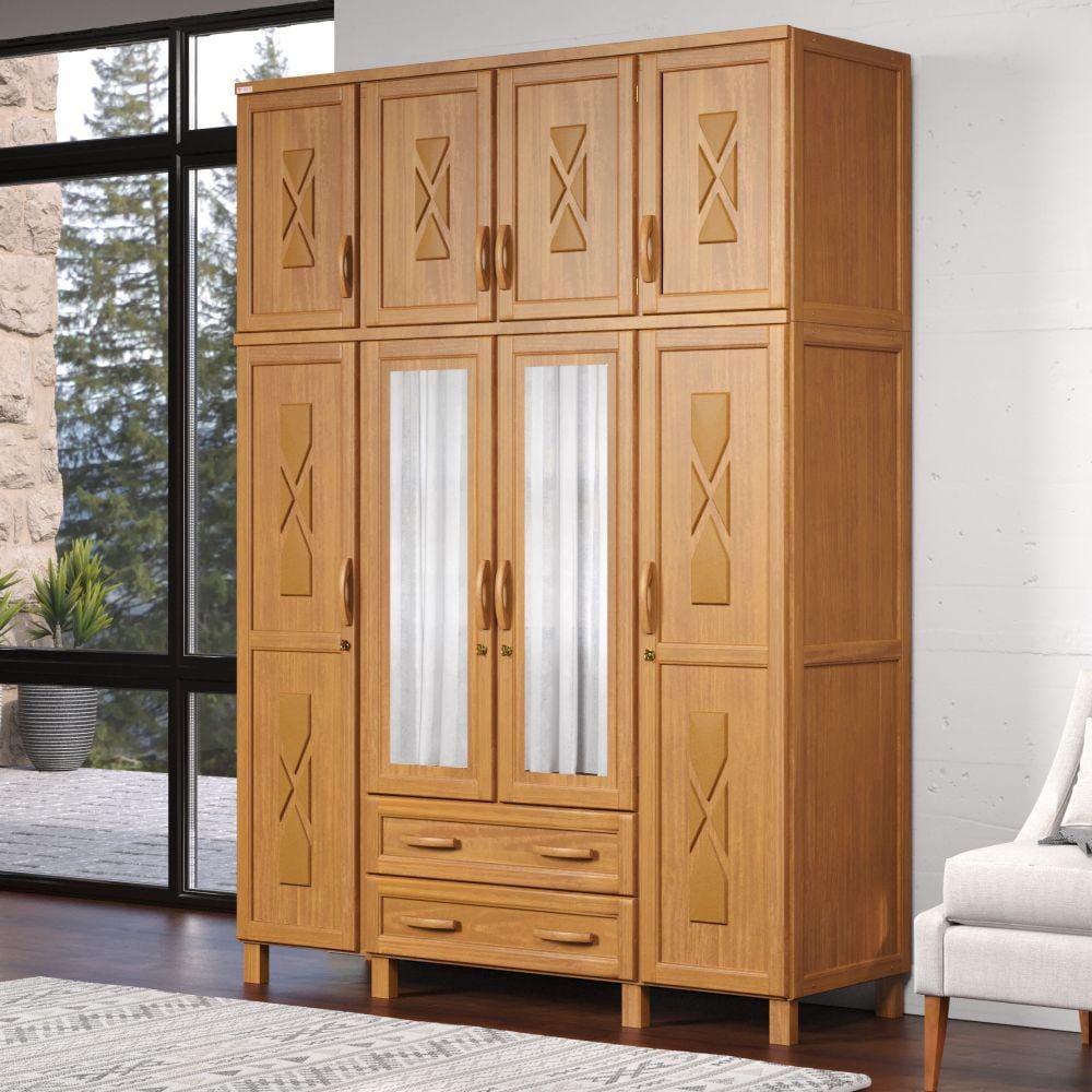 Guarda-Roupa Casal 8 Portas e 2 Gavetas com Espelho em Madeira Dallas Carvalho - Straub Web