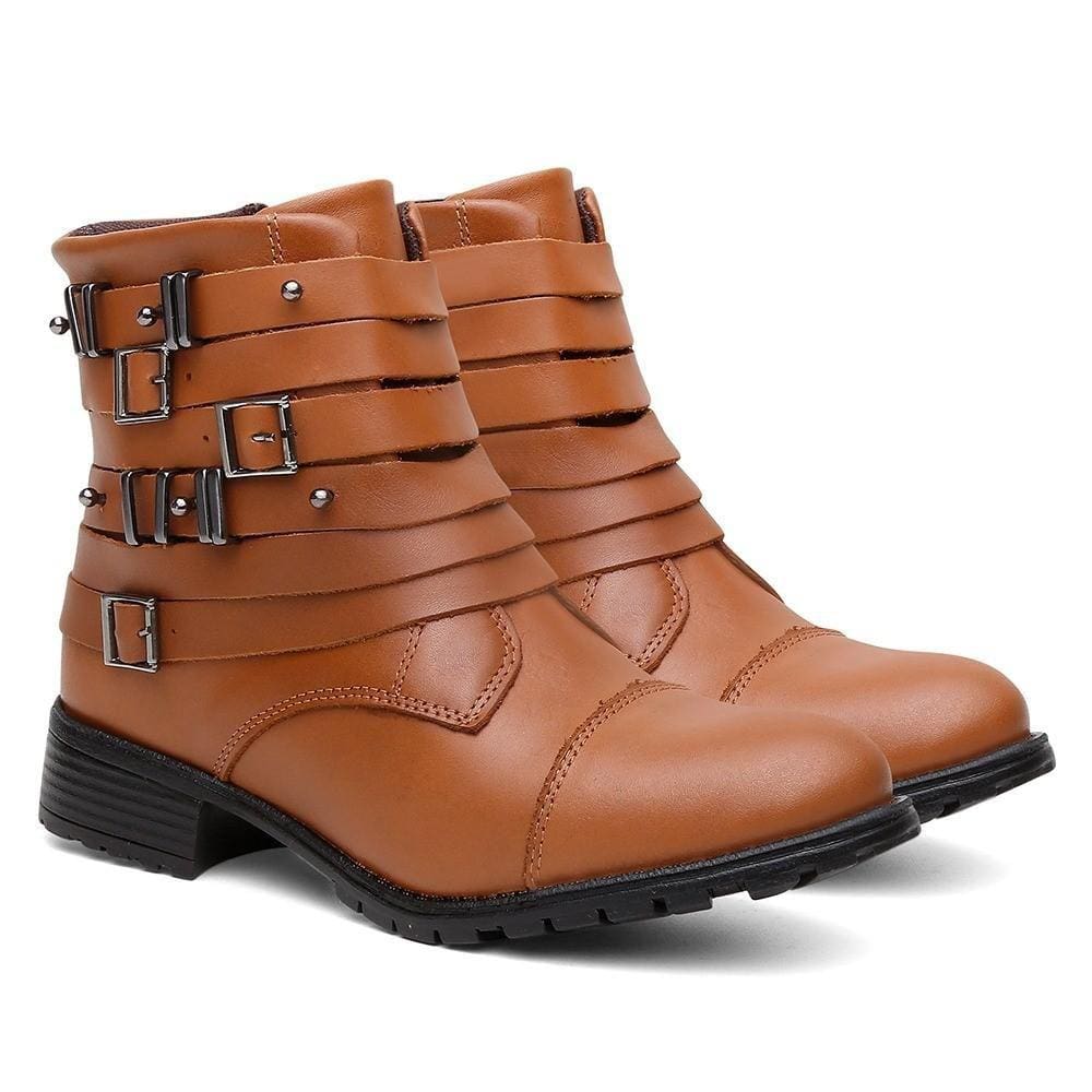 Bota Feminina Cano Curto Salto Baixo Couro Casual Fivela
