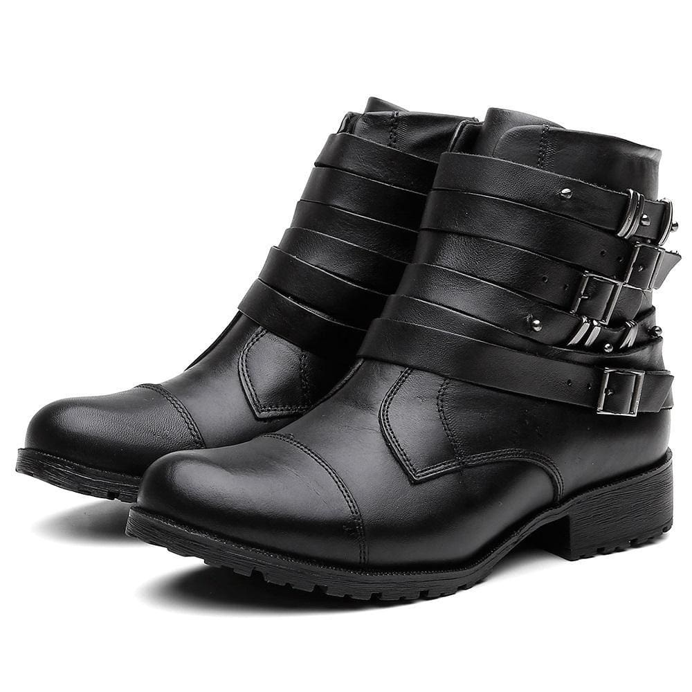 Bota Feminina Cano Curto Salto Baixo Couro Casual Fivela