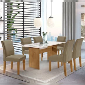 Conjunto Sala de Jantar Mesa 160x80cm Tampo MDF/Vidro com 6 Cadeiras Espanha Yescasa Ypê/Suede Marrom Claro