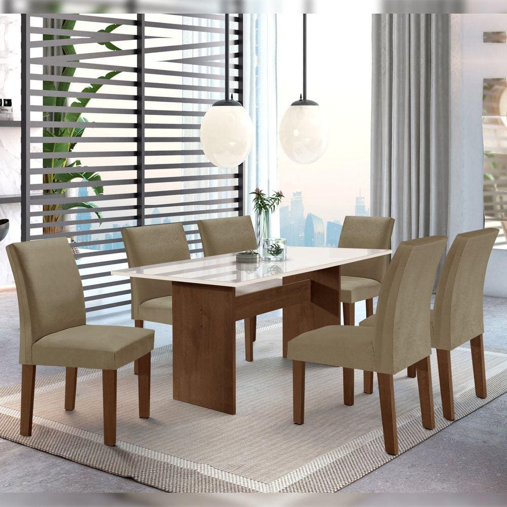 Conjunto Sala de Jantar 1 Mesa 160x80cm Tampo MDF/Vidro 6 Cadeiras Espanha Yescasa Chocolate/Suede Marrom Claro