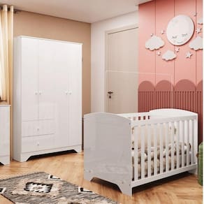Quarto de Bebê com Berço Americano e Guarda Roupa 4 Portas 2 Gavetas 100% MDF Ayla Branco Brilho