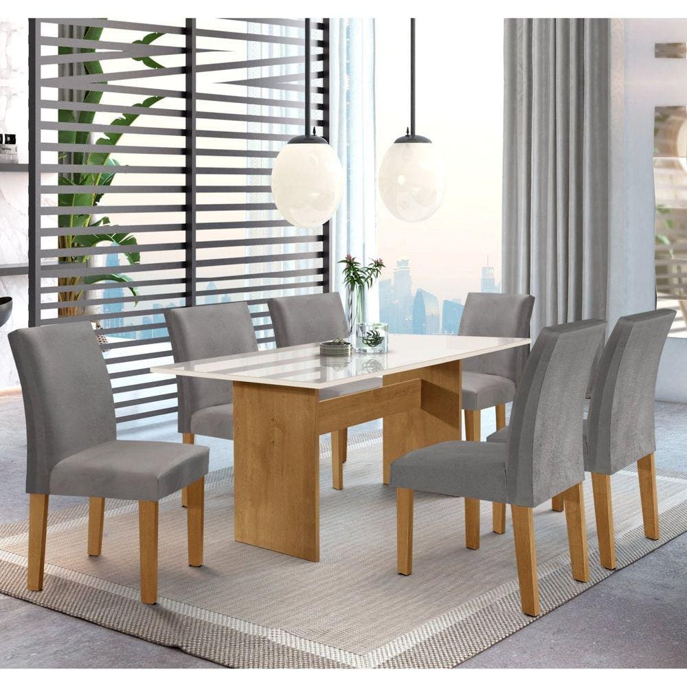 Conjunto Sala de Jantar Mesa 160x80cm Tampo MDF/Vidro com 6 Cadeiras Espanha Yescasa Ypê/Grafite/Suede Cinza