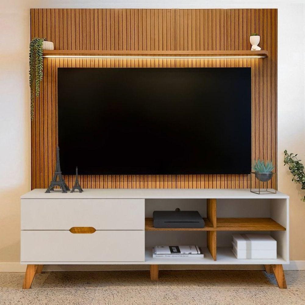 Rack com Painel para TV até 75 Polegadas com LED Impressão Ripada 3D Verona/Liverpool Pinho/Off White