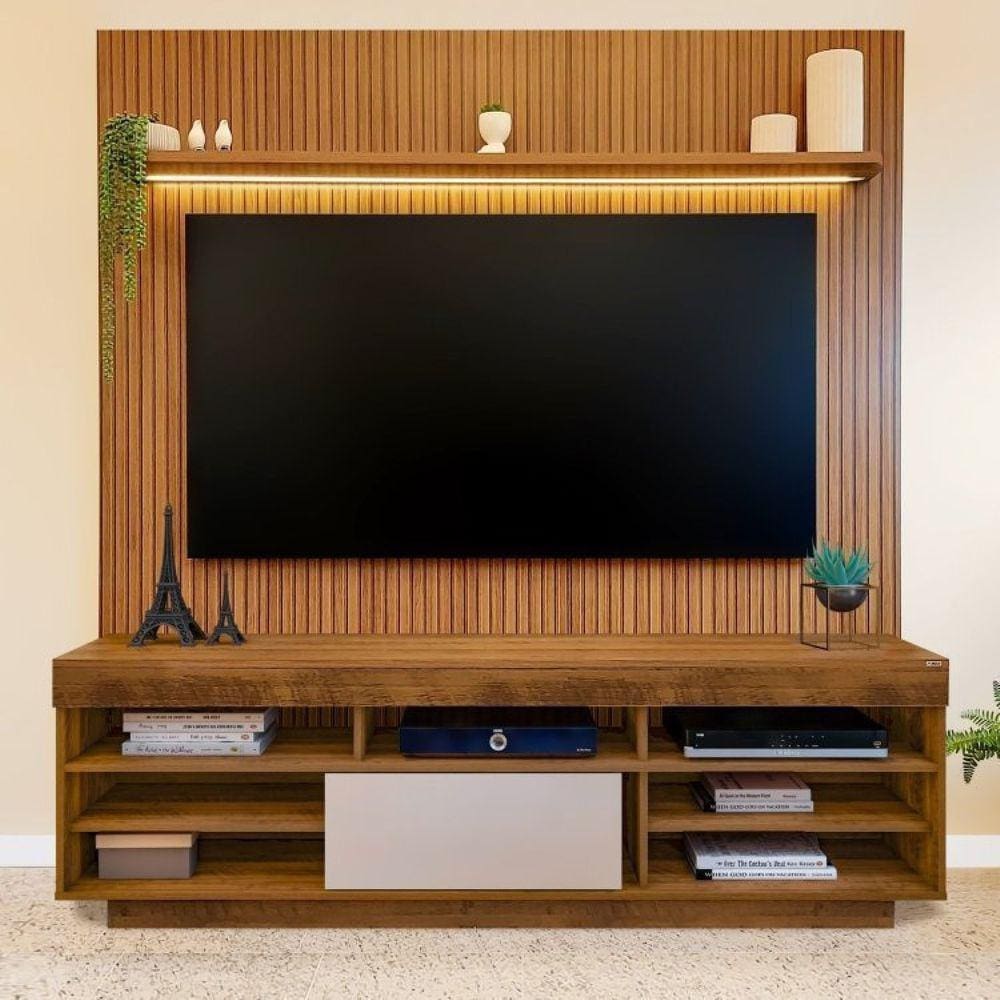 Rack com Painel para TV até 75 Polegadas com LED Impressão Ripada 3D Treviso/Liverpool Pinho/Off White