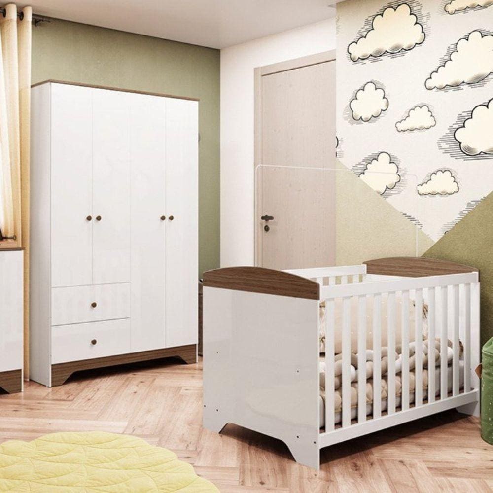 Quarto de Bebê com Berço Americano e Guarda Roupa 4 Portas 2 Gavetas100% MDF Ayla Branco Brilho/Carvalho