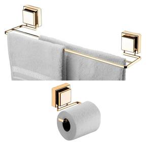 Kit Banheiro 2 Peças Porta Toalha Toalheiro 45cm Suporte Papel Higiênico Ventosa Dourado - Future
