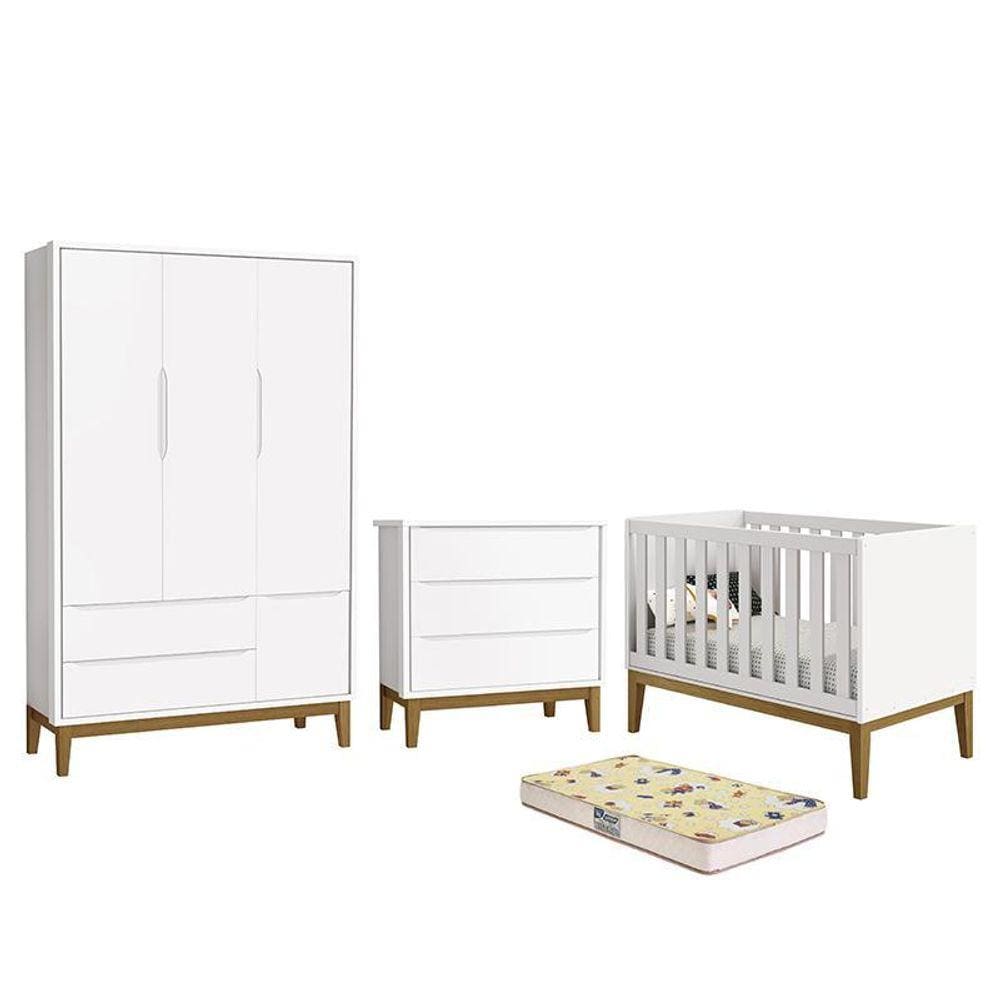 Dormitório Infantil Classic 3 Portas, Cômoda, Berço com Pés Amadeirado e Colchão D18 - Reller Móveis