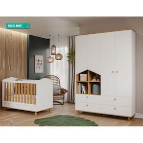 Quarto de Bebê com Berço Minicama Mimo e Guarda Roupa 4 portas e 4 gavetas Casinha Permobili Branco/Nature