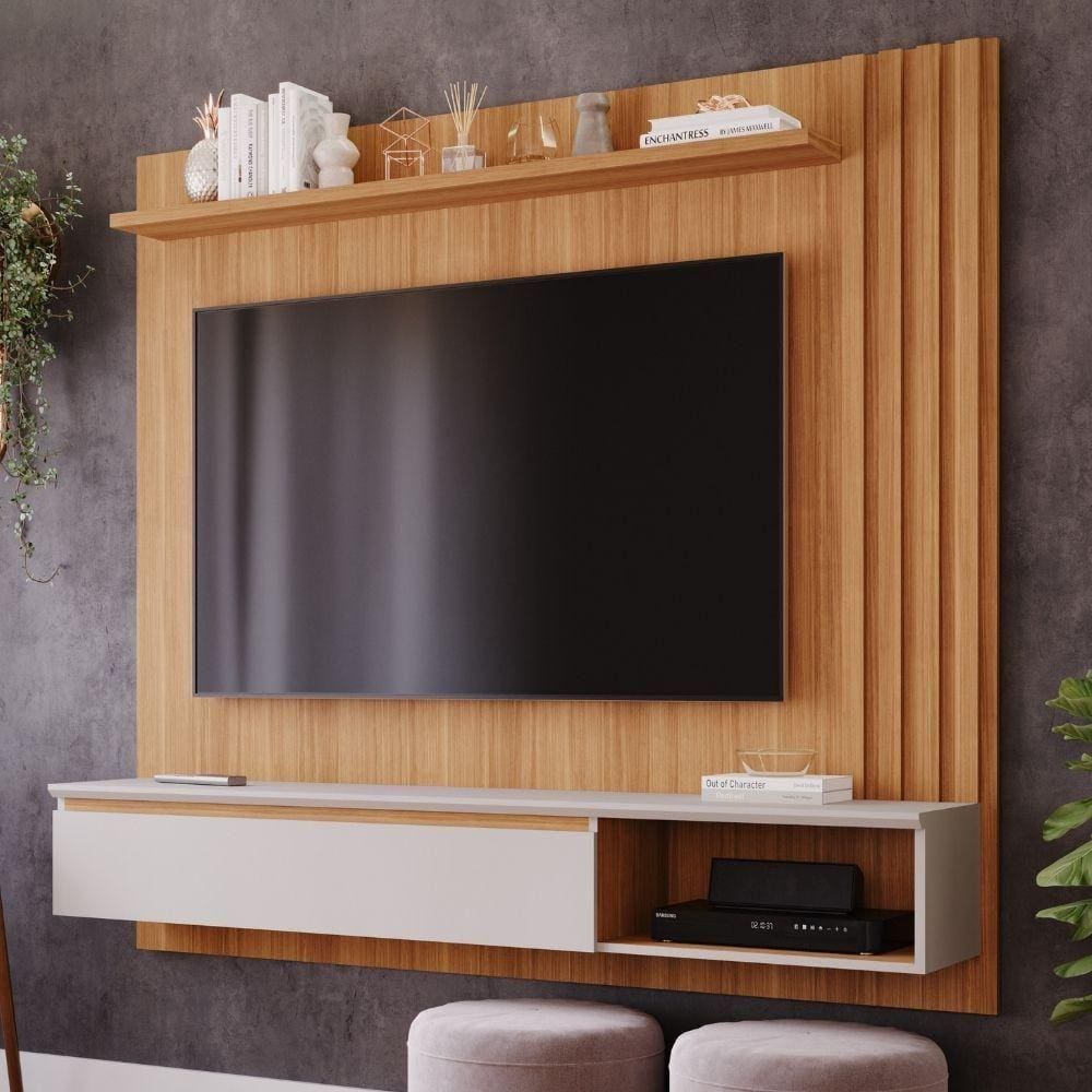 Painel Para Tv Até 60 Polegadas 100%Mdf C/ 1 Porta E Nicho Panama Plus Permobili Nature/Off White