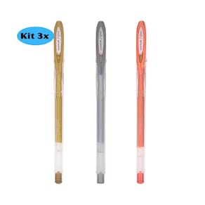 Kit 03 Caneta Gel Uni-Ball Signo NOBLE METAL 0.8mm Metálica Bronze Prata e Ouro