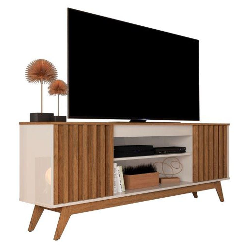 Rack Retrô TV Até 72 Polegadas Pés De Madeira 2 Portas 2 Nichos Malibu Wood Ripado 1.60