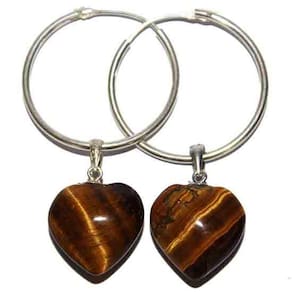 Brinco Argola Coração Pedra Olho de Tigre Natural Prata 925