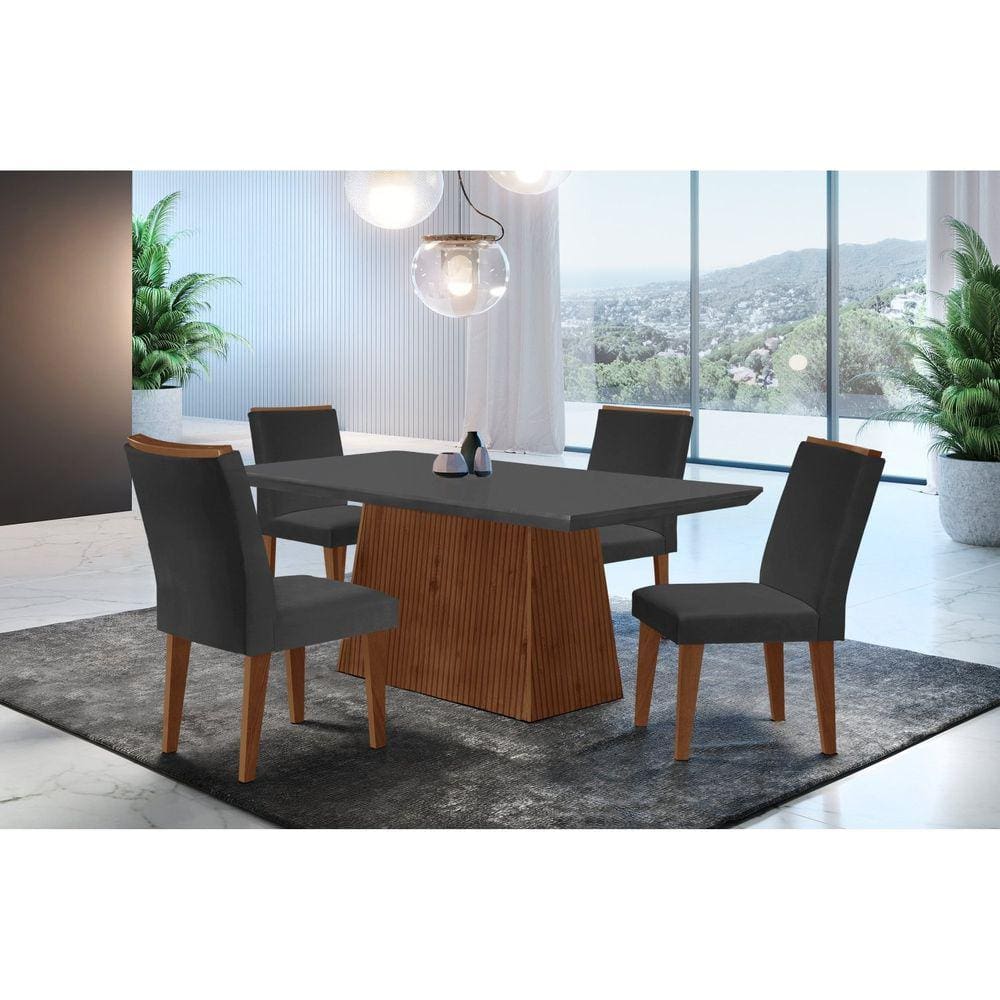 Conjunto Sala de Jantar Mesa Tampo em MDF 4 Cadeiras Rufato Grafite/Imbuia
