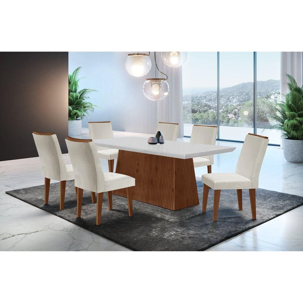 Conjunto Sala de Jantar Mesa Tampo em MDF 6 Cadeiras Rufato Off White/Imbuia