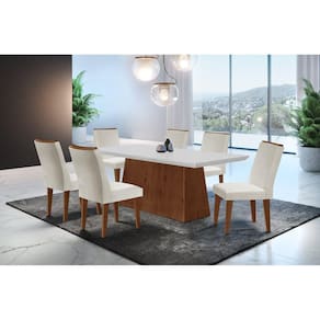 Conjunto Sala de Jantar Mesa Tampo em MDF 6 Cadeiras Rufato Off White/Imbuia