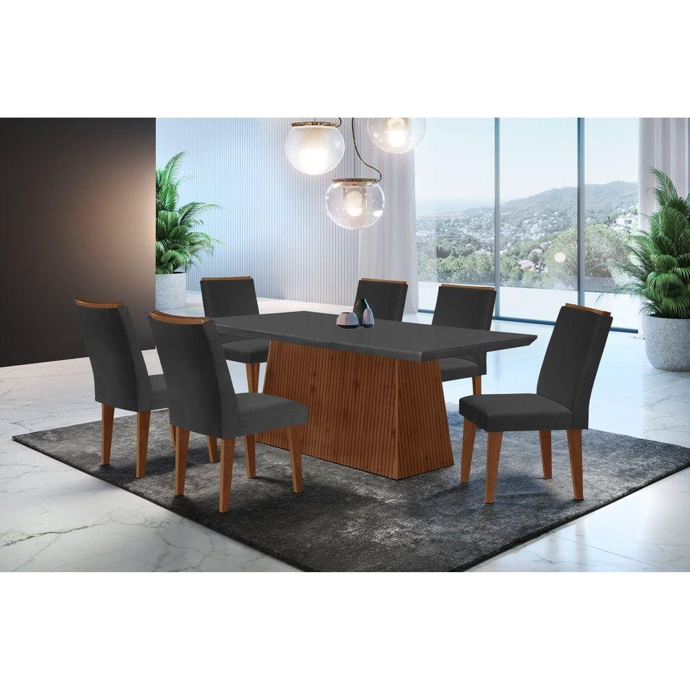 Conjunto Sala de Jantar Mesa Tampo em MDF 6 Cadeiras Rufato Grafite/Imbuia