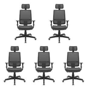 Kit 5 Cadeiras de Escritório Ergonômica com Tela e Apoio de Cabeça Brizza Presidente NR17 Plaxmetal Preto