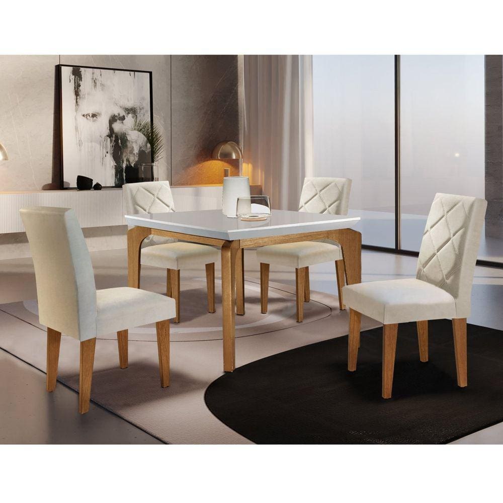 Conjunto Mesa 120cm Canto Reto Dublin e 4 Cadeiras Irlanda Rufato Veludo Creme/Off White/Imbuia