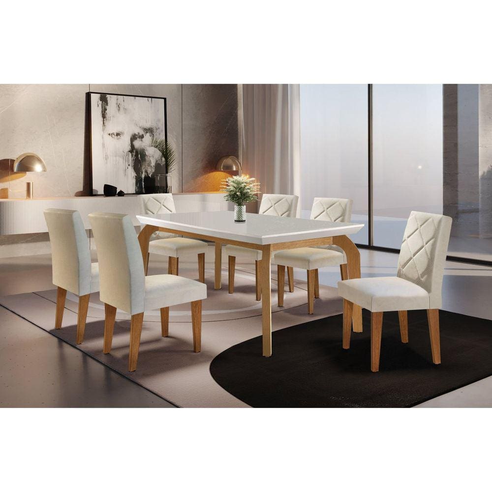 Conjunto para Sala de Jantar Mesa Dublin 180cm Tampo MDF Canto Reto com 6 Cadeiras Irlanda Rufato Veludo Creme/Off White/Imbuia