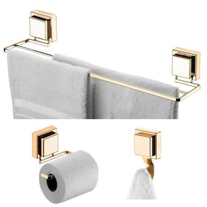 Kit Banheiro 3 Peças Toalheiro Duplo 45cm Porta Papel Higiênico Gancho Multiuso Ventosa Dourado - Future