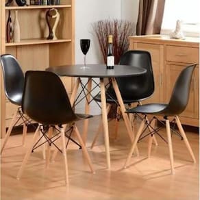 Conjunto de Mesa de Jantar Eames Eiffel Redonda 90 cm Tampo de Madeira Preto com 4 Cadeiras Pretas P