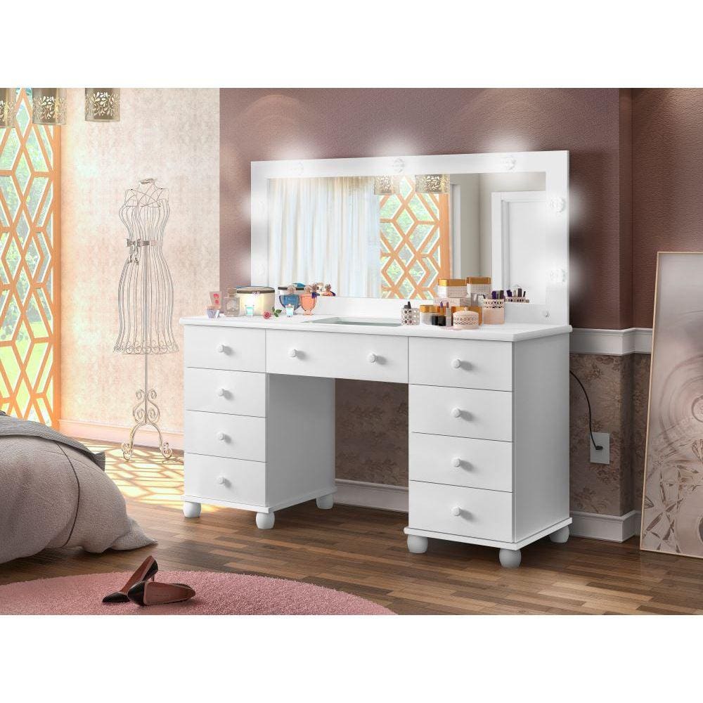 Penteadeira LED com Espelho 9 Gavetas Camarim Planet Baby Branco