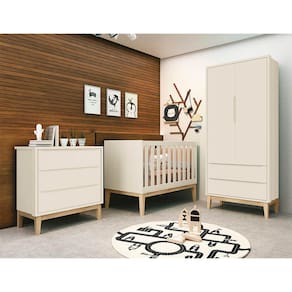 Kit Quarto Infantil Theo Square Areia – Cômoda 3 Gavetas + Guarda-Roupa 2 Portas com Pés em Madeira Natural + Berço