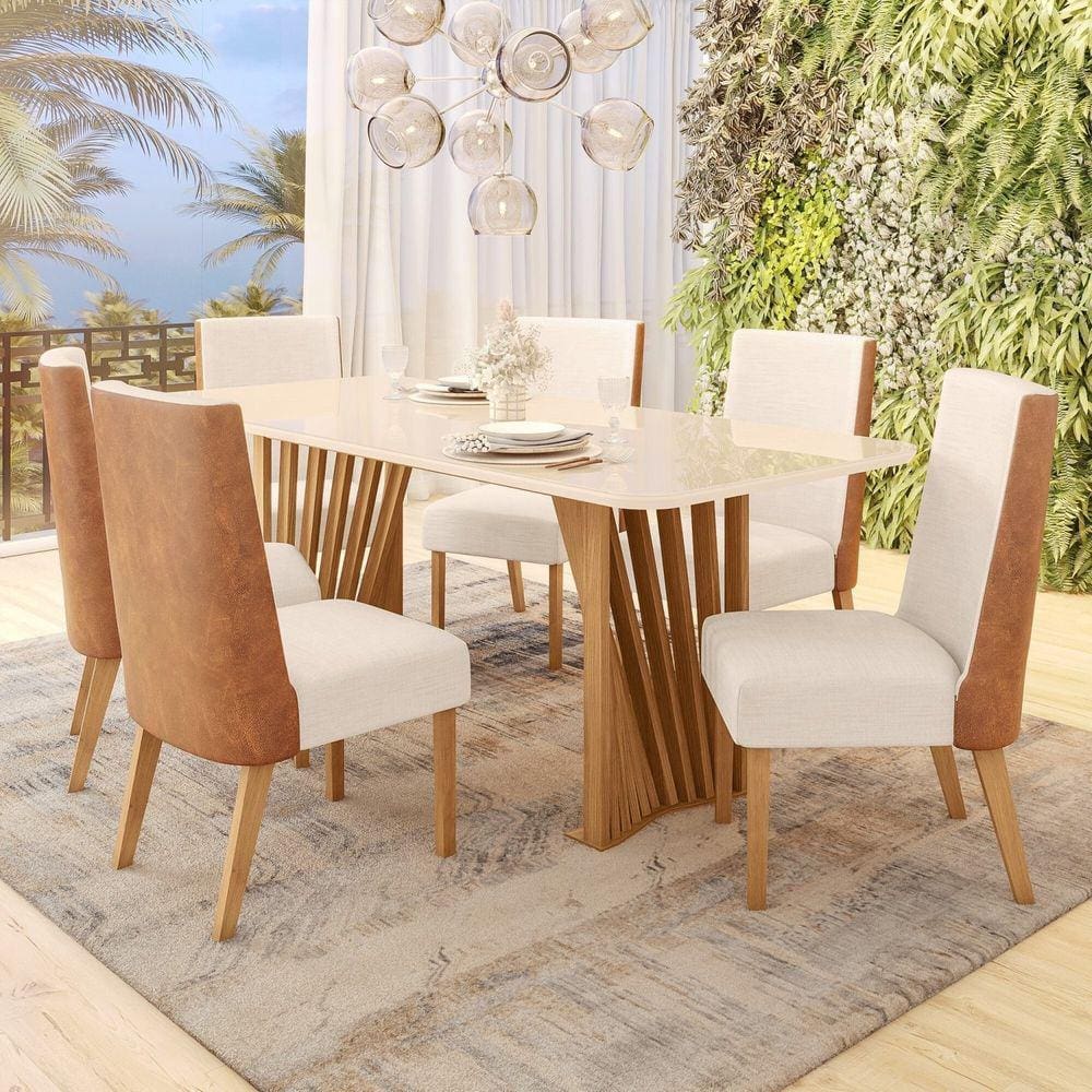 Conjunto Sala de Jantar Mesa Tampo MDF/Vidro com 6 Cadeiras Milena Marrom/Off White/Linho