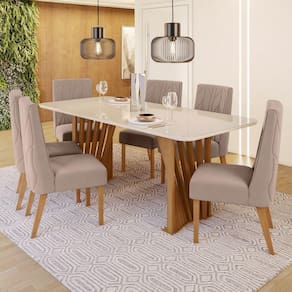 Conjunto Sala de Jantar Mesa Tampo MDF/Vidro com 6 Cadeiras Joana Marrom/Off White/Marrom Amêndoa